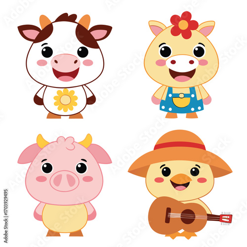 A funny set of cute baby animal characters, including a cow, pig, bear, and dog, is a fun illustration for a child's safari or farm animal collection