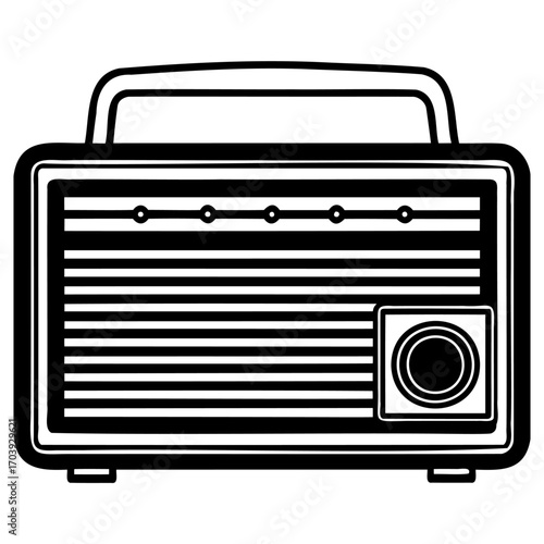Vintage black and white radio illustration with handle and front dials