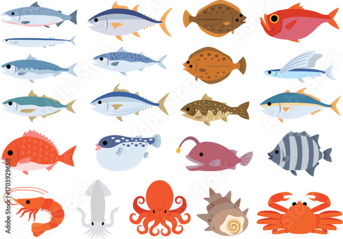 Collection of various cartoon-style sea creatures, including fish, shellfish, and other marine animals, arranged in rows.