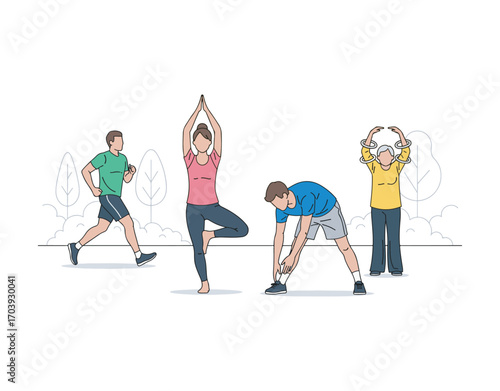 Vector art of park-goers exercising