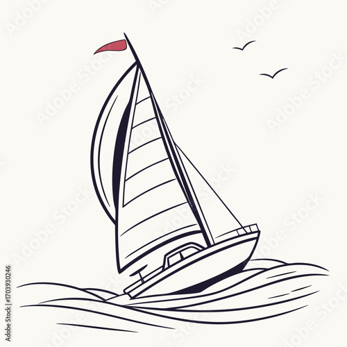 Sailing Boat Illustration on Wavy Water