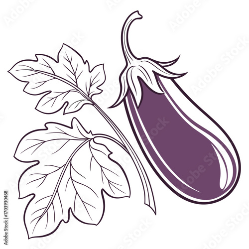 Delicious and healthy purple eggplant with fresh green leaves, perfect for vegetarian recipes and wholesome meals