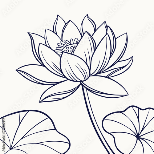 Minimalist Hand-Drawn Lotus Blossom and Leaves Vector Art, Evoking Purity and Tranquility