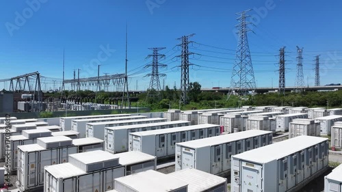 Aerial view of numerous white containers arranged on an open field