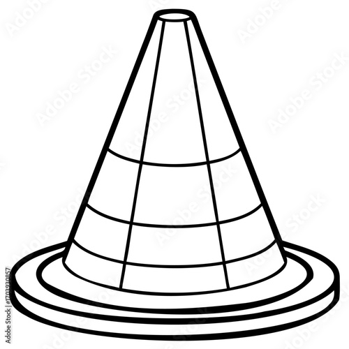 Black and white line drawing of a traffic cone
