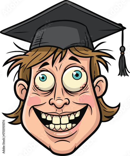 Comical caricature of a male student's face wearing a graduation cap, with an insane look of overwhelming joy and relief after finishing school