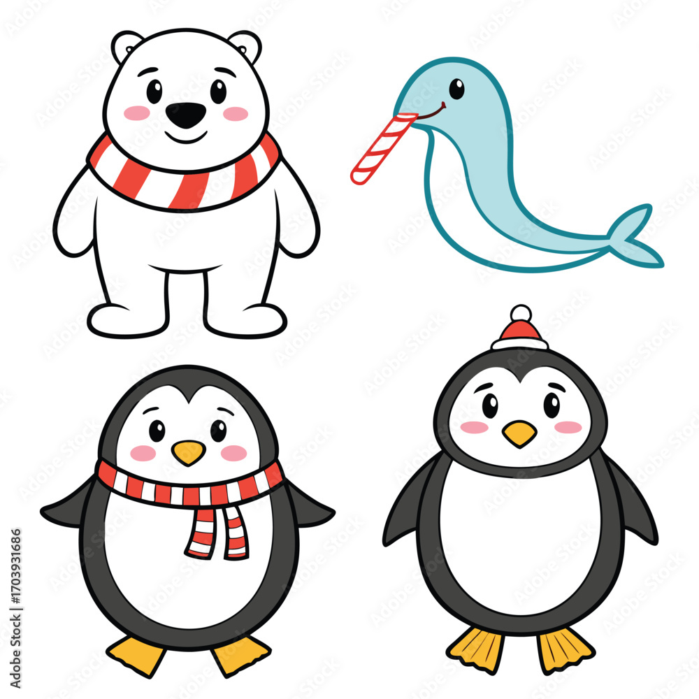 Fototapeta premium A funny cartoon illustration of a set of cute penguins playing in the snow during a cold winter holiday