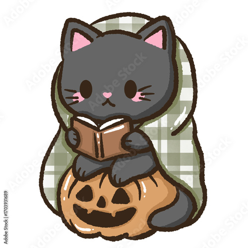 Kawaii black cat illustration wrapped with cozy blanket reading sitting on pumpkin for kids storybooks educational materials school projects home decor crafts scrapbooking and creative stationery 