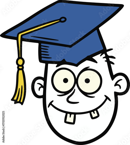 A quirky and funny cartoon character with a big smile and buck teeth proudly wearing a graduation cap, celebrating academic success with humor