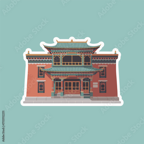 Illustration of a traditional tibetan building with ornate details and a distinctive roof, showcasing cultural heritage and architectural style, on a light blue background
