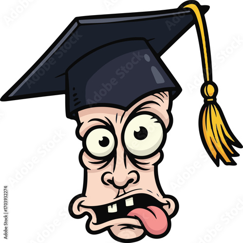 Humorous cartoon depiction of an exhausted and overwhelmed graduate's face expressing academic stress and burnout