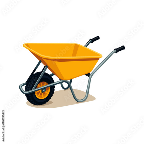 Vector yellow wheelbarrow with one wheel, for transporting materials.
Isolated on a white background.