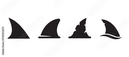 Vector graphic featuring four shark fin icons

