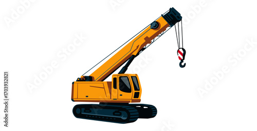 yellow crane vector with hook, used for lifting heavy materials, isolated on white background.