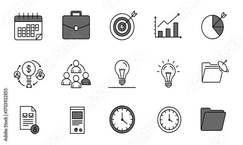 A collection of business and finance related icons, including a calendar, briefcase, target, charts, pie graph, and more, in a simple, black and white style.