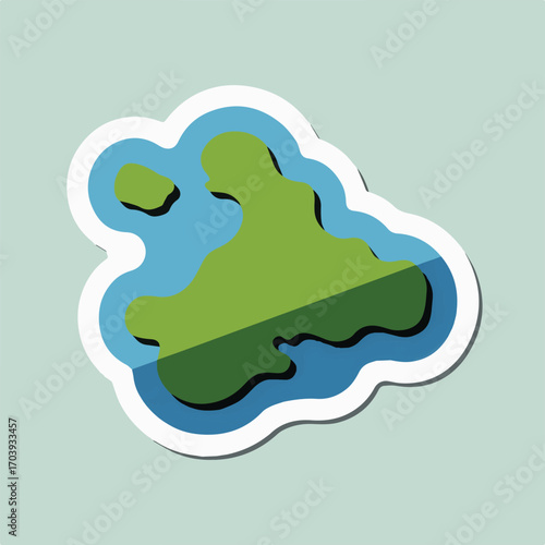 A vibrant stickerstyle illustration showcases a stylized island surrounded by blue water, creating a playful and eyecatching design, perfect for travel and adventure themes