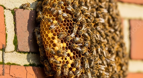 Wild Honey Bee Swarm Building a Natural Honeycomb on an Urban Brick Wall.