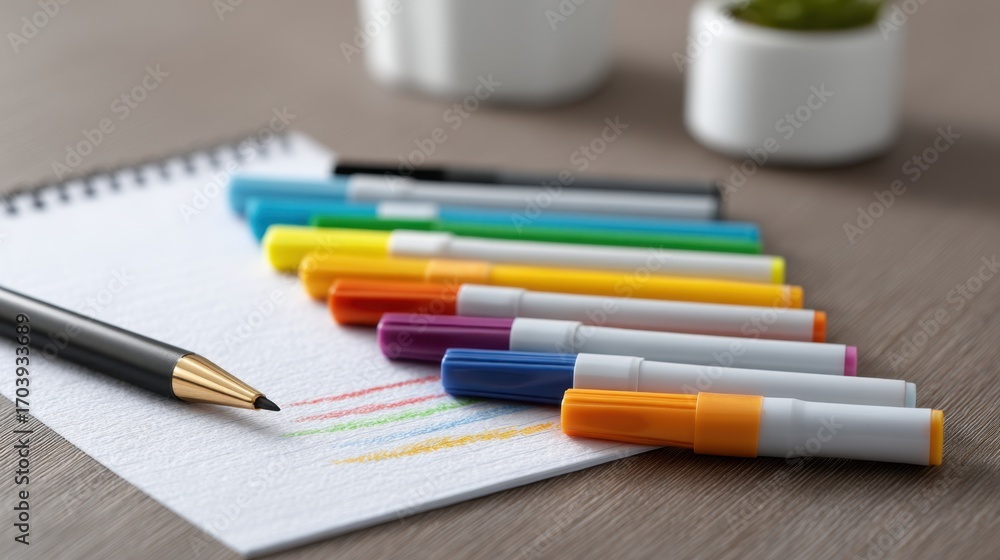Fototapeta premium Colorful Highlighters and Drawing Tools Arranged on a Notepad with Overlapping Lines
