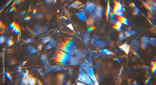 Abstract 3D background showing prismatic light dispersion through glass plates. Close-up of an iridescent blue-brown crystal pattern with chromatic aberration. Futuristic technology texture wallpaper