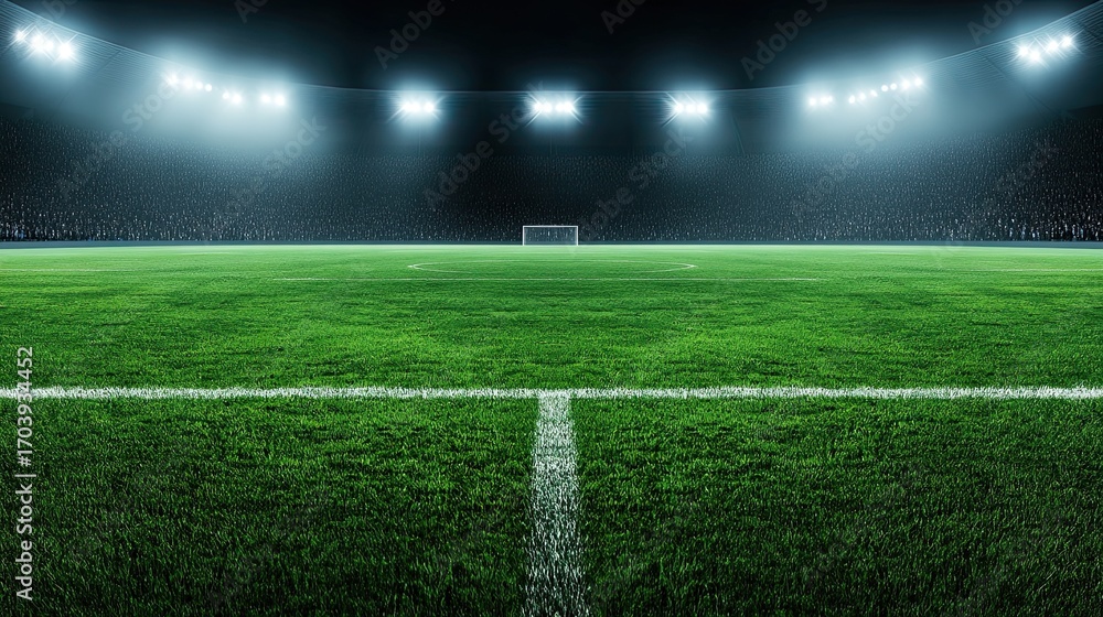 Obraz premium Illuminated soccer field at night with stadium crowd