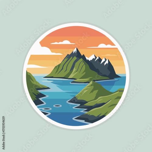 A scenic sticker illustration captures a serene island landscape with majestic mountains, surrounded by tranquil waters, under a colorful sky, creating a peaceful and inviting vibe