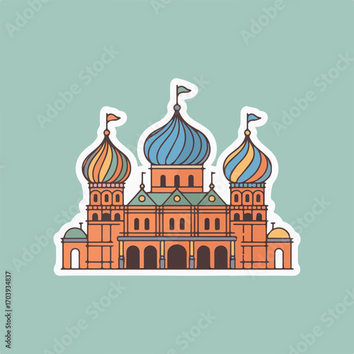 A colorful sticker illustration of saint basils cathedral in moscow, russia, showcasing its iconic onion domes and vibrant architecture against a light blue background