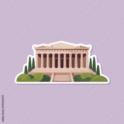A sticker illustration of the parthenon in athens, greece, showcasing its iconic doric columns and classical architecture against a light purple background