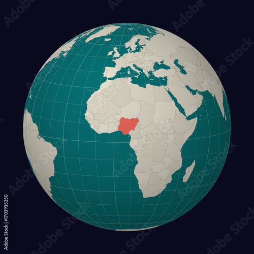 Federal Republic of Nigeria on the map. Globe centered to Nigeria. Country location on the world map. Teal Pale Mint color palette. Globe with countries, meridians and parallels.