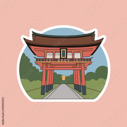 Illustration of the heian shrine in kyoto, japan, showcasing its traditional architecture and cultural significance, a famous landmark and tourist attraction, isolated on white background