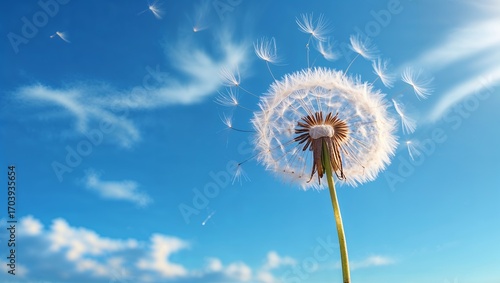 Dandelion Seeds in Blue Sky, Wish Making Concept