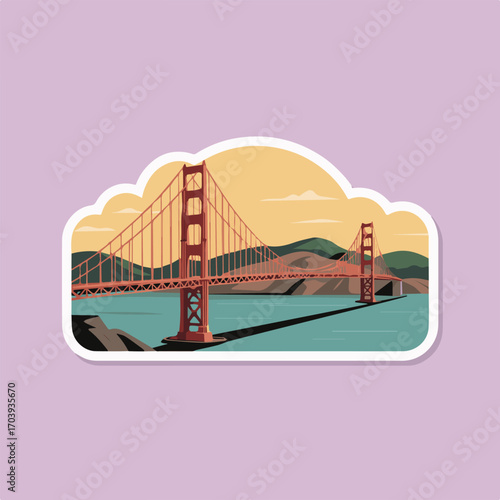 Golden gate bridge sticker, a suspension bridge spanning the golden gate strait, connecting san francisco and marin county in california, usa, vector illustration