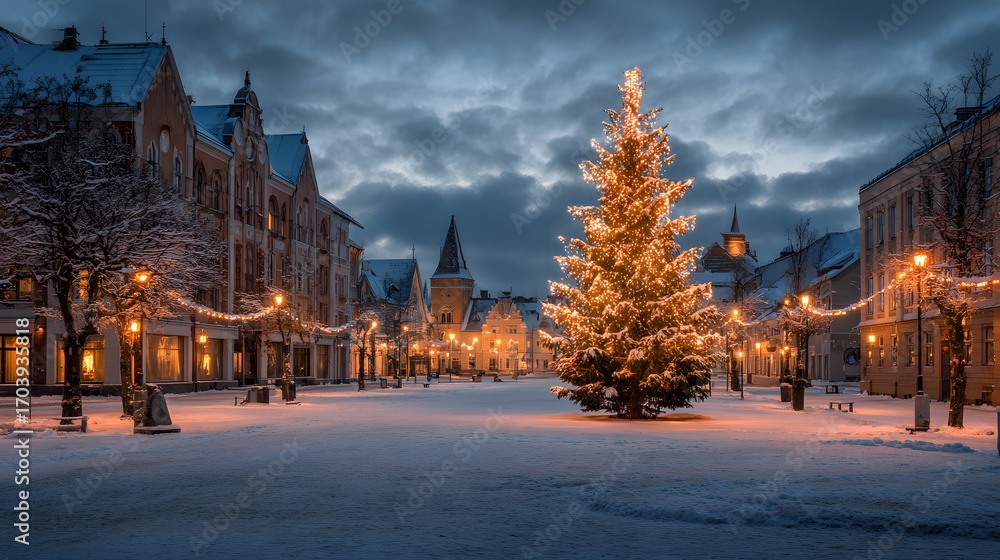 Fototapeta premium A decorated Christmas tree in a snowy town square, glowing warm lights, with wide empty snowy ground for copy space. 