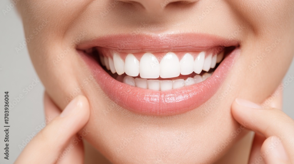 Obraz premium A person smiles widely, revealing well-maintained teeth and smooth lips. The background is neutral, allowing the bright smile to be the focal point. Natural light enhances the cheerful expression.