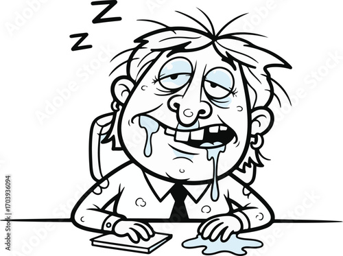 Funny black and white cartoon illustration of an exhausted office worker drooling while asleep at his desk from overwork and burnout