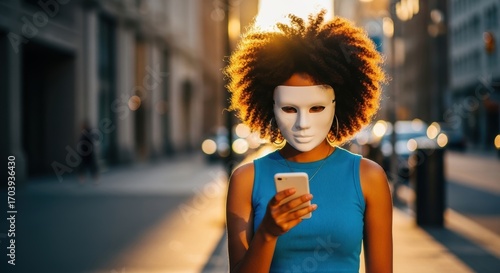 Young african female in white mask using smartphone on city street at sunset