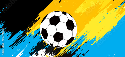 A soccer ball with a pattern of black and white pentagons is centered against a vibrant background of yellow, blue, and black paint strokes, creating a dynamic, sporty graphic