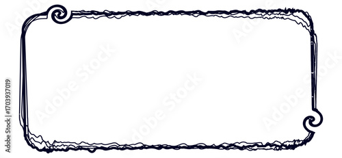 A hand-drawn rectangular frame with a black outline creates a decorative border, featuring rough edges, swirl accents, and a rustic feel against a stark white background
