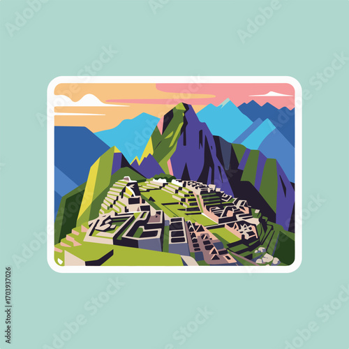 A vibrant stickerstyle illustration showcases the iconic machu picchu, nestled amidst lush green mountains and a colorful sky, capturing the essence of this ancient inca citadel