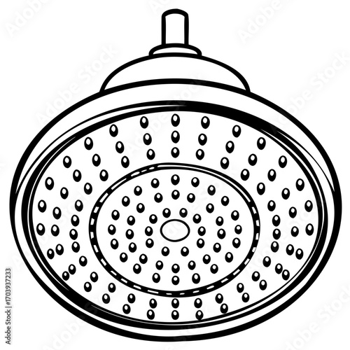 Closeup of a round shower head with multiple nozzles, , showcasing its design and functionality for a refreshing bathing experience