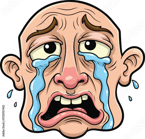 A deeply sad and crying cartoon man's face with tears streaming down his cheeks, conveying emotional pain and sorrow