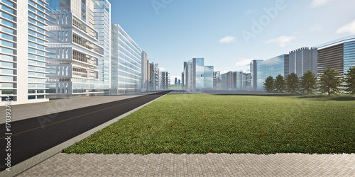 Foto 3D rendering of vacant land in city with high-rise buildings in background