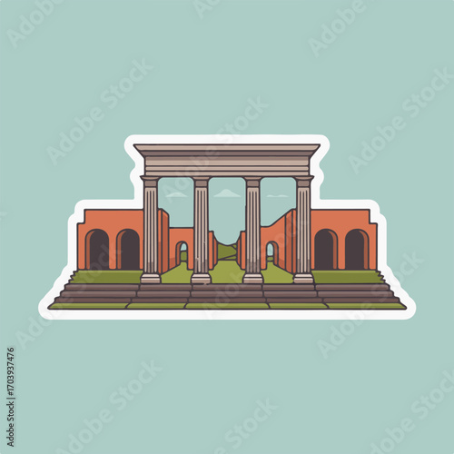A cartoon illustration of the roman forum, an ancient ruin with columns and arches, set against a serene blue background, evoking a sense of history and architectural grandeur