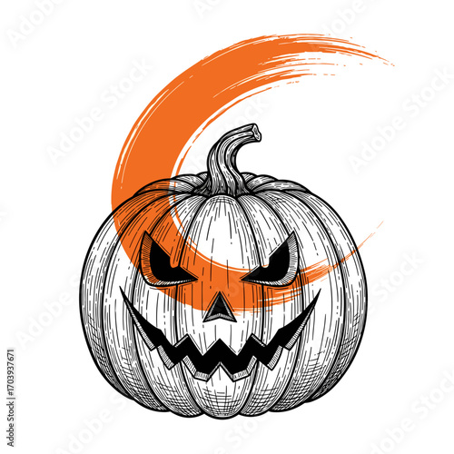 Black and white engraving sketch of Halloween Jack o’ lantern pumpkin on orange brush stroke, isolated on white background, vintage etching vector illustration for design, trendy Halloween 2025–2026 