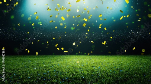Green field with falling golden confetti at night