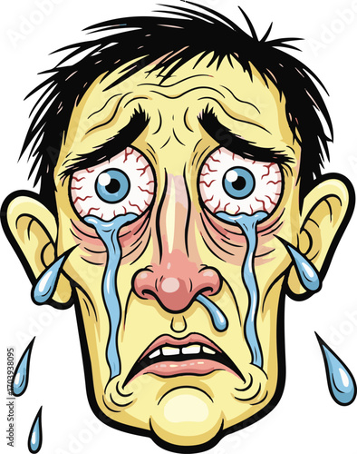 A powerful vector illustration of a distraught man weeping, his face etched with exhaustion and his bloodshot eyes conveying deep emotional anguish and burnout