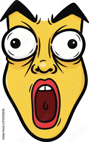 A cartoon vector illustration of a comically shocked and terrified yellow face with bulging eyes and a wide open mouth, expressing extreme surprise and fear
