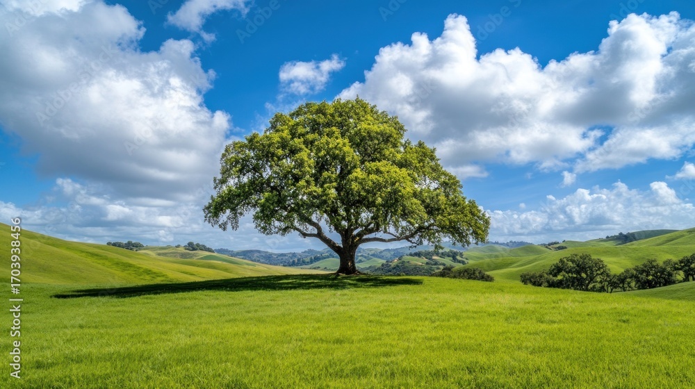Fototapeta premium Lone tree in green field under blue sky and clouds