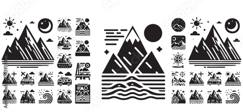 Black and white vector illustration showcases mountain icons, with triangular peaks and horizontal stripes, suggesting nature, adventure, and scenic travel designs in a simple, stylized way