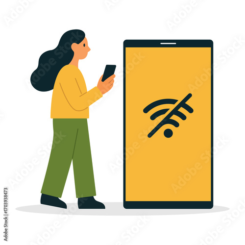 No Wi-Fi concept with smartphone user. Vector illustration for themes of tech issues, offline mode, digital detox, or connectivity problems