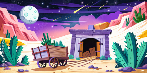 Ghost town mine entrance, broken cart, collapsed wooden beam, desert silence under starry sky